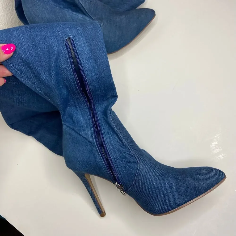 Heart in D Blue Denim Over the Knee Stiletto Boots